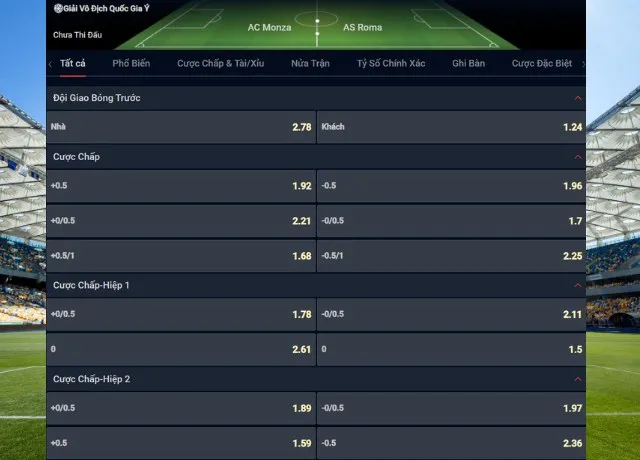 Bảng tỷ lệ kèo trận Monza vs Roma